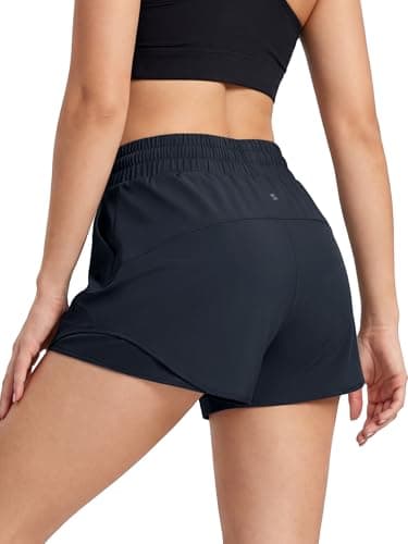 Stelle Women Running Shorts with Pockets High Waisted Drawstring Athletic Workout Quick-Dry Gym Shorts Mesh Liner (Navy, S) - Thumbnail 2