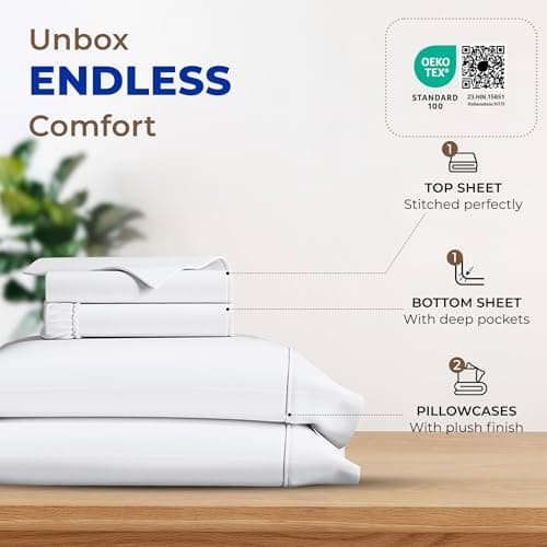 THREAD SPREAD 100% Egyptian Cotton Sheets Queen Size - 600 Series Bliss Collection Sheet Set Queen, Luxury Sheets Queen Size (4 PC, White), Soft, Deep Pocket Sheet, Fits Mattress Upto 18" - Thumbnail 3