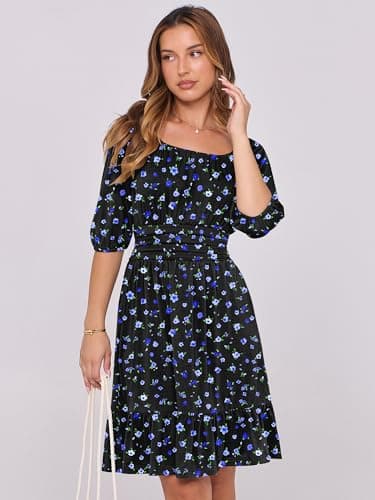 ANRABESS Womens Lantern Short Sleeve Square Neck Casual Flowy Mini Dresses 2026 Holiday Summer Spring Beach Vacation Clothes Blue Floral XX-Large - Thumbnail 2
