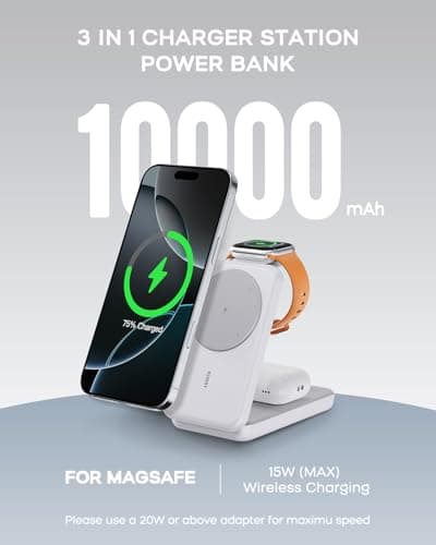 RORRY Portable Charger, 3-in-1 Charging Station 10000mAh Portable Charger Power Bank for MagSafe Foldable Battery Pack Travel for iPhone 17/16/15/14/13/12, for Apple Watch 11/10/9/8/7/Ultra/3/2, White - Thumbnail 2