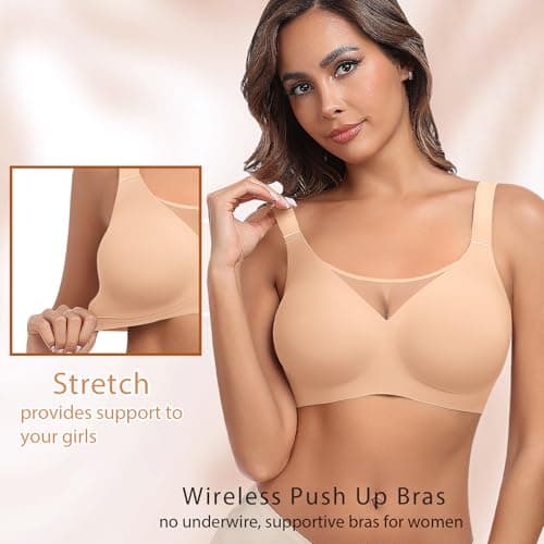 Ganado Wireless Bras for Women Full Coverage Mesh Seamless Supportive Comfortable Bras No Wire T Shirt Bra Padded Bralette (Beige, 3X-Large) - Thumbnail 3
