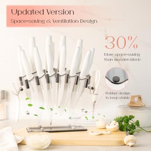 Astercook Knife Set with Block and Sharpener, 22 Piece Kitchen Knife Set Dishwasher Safe, Space-Saving Clear Knife Block with Knives for Everyday Home Cooking White - Thumbnail 6