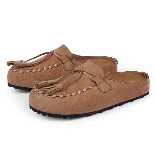 VIUGJNEX Womens Clogs for Women Slip on Faux Suede Women's Mules & Clogs Loafers Tassel Fringe Round Toe Potato Shoes with Arch Support Footbed Casual Walking Shoes Flats Tan Size 7 - Thumbnail 6