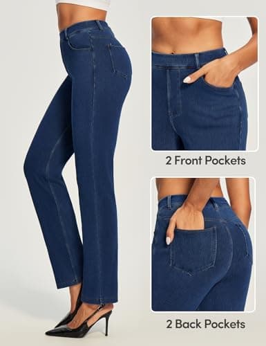 IUGA Straight Leg Jeans for Women Stretchy Pull On Sweatpant Jeans Women High Waisted Bootcut Jean Trendy Denim Pants Dark Blue - Thumbnail 3