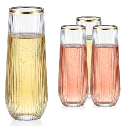 GuanQiao 12 Pack Stemless Plastic Champagne Flutes with Gold Rim, 9oz Ribbed Disposable Champagne Glasses, Heavy Duty Shatterproof Mimosa Glasses for Wine Wedding Bridal Shower Party Supplies Birthday - Image 1