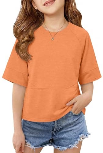 Humordream Girls T Shirts Half Sleeve Crew Neck Loose Fit Solid Summer Flowy Tee Tops 5-14Y Orange - Image 1