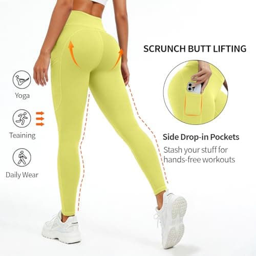 AMLEER High Waisted Full Length Leggings with Pockets for Women, Tummy Control 4-Way Stretch Moisture Wicking Yoga Workout Leggings, Neon, X-Large - Thumbnail 5