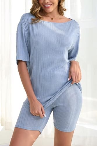 Molirex Womens Pajama Sets Shorts Summer Off Shoulder 3/4 Sleeve Biker Set 2 Piece Sweatsuits Ribbed Knit Matching Outfits Blue 2XL - Thumbnail 5