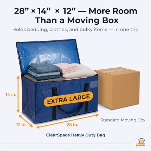 ClearSpace Heavy Duty Moving Bags or Storage Bag – Large Moving Boxes with Backpack Straps, Zippers & Handles – Perfect for Moving, College Dorm, Traveling, Camping, Christmas Decorations, 6 Pack - Thumbnail 5
