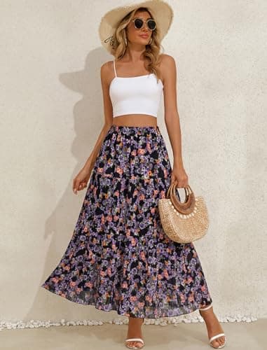 Arolina High Waisted Skirt Women 2026 Summer Trendy Elastic Flowy Long Maxi Skirts Tiered Ruffle A Line Pleated Floral Pattern - Thumbnail 5