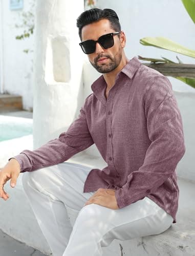 MAPICK Mens Linen Dress Shirts Business Casual Dress Shirts Fashion Untucked Wrinkle Free Fall Shirts(Dark Purple,Medium) - Thumbnail 3