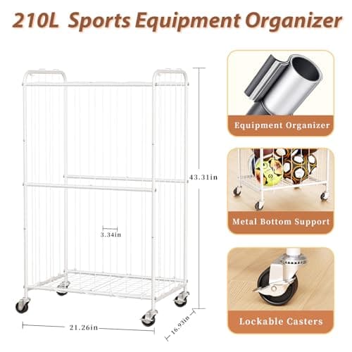 YKDIRECT 210L Rolling Ball Organizer with Locking Wheels - Large Sports Storage Basket for Basketball Soccer Football Volleyball, Steel Garage Equipment Cart with Elastic Rope for Household Storage - Thumbnail 3