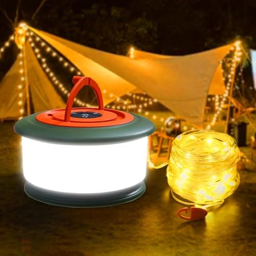 KOBAIBAN Camping String Lights, Rechargeable Tent Lights String with 6 Lighting Modes, 32.8 FT LED Hanging Waterproof Camping Lamp String for Garden, Travel, Decoration Festival Gift (Green Orange) - Image 1