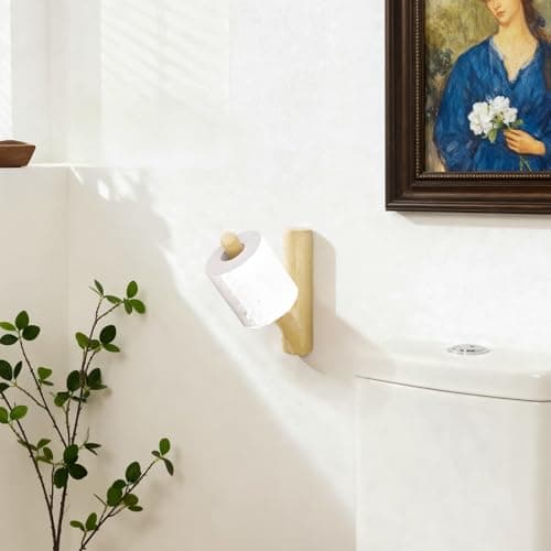 Wooden Toilet Paper Holder Wall Mount- Self Adhesive Bathroom Tissue Roll Holder, Retro Bohemian Farmhouse Style, No Drilling for Small Spaces Bathrooms RVs and More - Natural Wood Color - Thumbnail 5