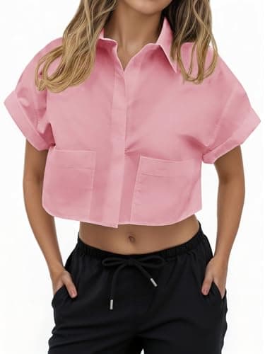 Tankaneo Womens Button Down Shirts Cropped Short Sleeve Casual Crop Tops Blouses with Pockets Pink - Image 1