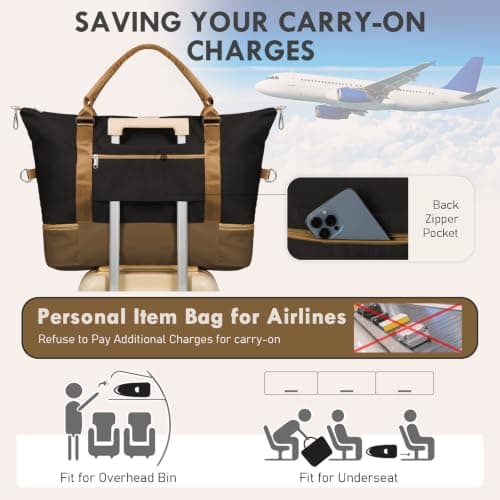 WOOMADA Weekender Overnight Bag for Women, Carry on Shoulder Travel Duffel with Shoes Compartment,Gym Bag with Toiletry Bag(black&coffee&brown) - Thumbnail 6