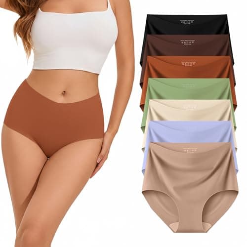 Ailongcity Womens Underwear High Waist Tagless 7 Pack Panties Seamless Full Coverage Briefs Silky Stretch (US, Alpha, Small, Regular, Regular, Orange/Marron/Nude/Green/Coffee brown/Purple/Black) - Image 1