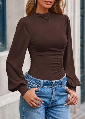 KIRUNDO Blouses for Women Dressy Casual 2026 Fall Ruched Puff Long Sleeve Shirts Mock Neck Underscrub Fitted Trendy Tops (Brown, XX-Large) - Thumbnail 4