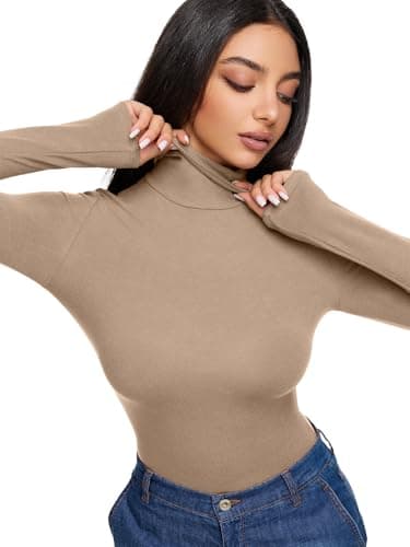 REORIA Womens Winter Turtleneck Long Sleeve Tight Shirts Going Out Basic Slim Fit Thong Body Suit Tops Fall Clothes Light Taupe X-Large - Thumbnail 4
