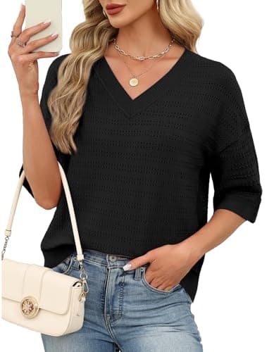 WIHOLL Women Blouses Dressy Casual Summer V Neck Sweaters Lightweight 3/4 Length Sleeve Womens Tops Trendy 2026 Fashion Black M - Image 1