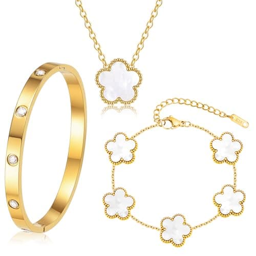 Gold Bracelets Necklace Jewelry Set - 3Pcs 18K Gold Plated Floral Bracelet,Waterproof Stainless Steel Bangles, Non-Tarnish Necklaces Daily Fashion Minimalist Jewelry,Valentines Birthday Gift for Women - Image 1