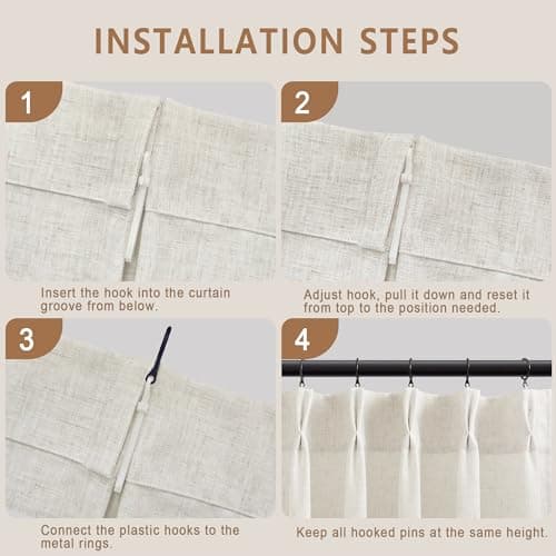 HUEVESSEL Pinch Pleat Semi Sheer Linen-Blend Curtains, Set of 2 Panels, 40" W x 84" L Each, Back Tab or Ring Hooks, Light Filtering for Living Room/Bedroom - Thumbnail 4