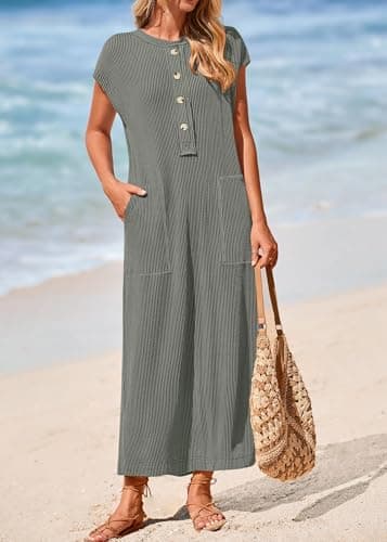 KIRUNDO Womens Summer Dresses 2026 Spring Ribbed Knit Henley Short Sleeve Maxi Dress Button Up Loose Beach Vacation Sundress(Grey, X-Large) - Thumbnail 5