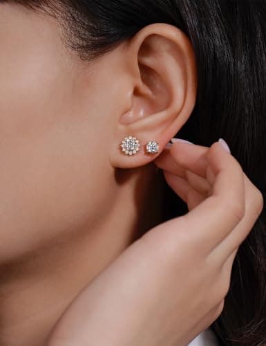 IMOLOVE Moissanite Stud Earrings in Sterling Silver With Yellow Gold Plated Trendy Flower Shaped Halo Earrings for Women - Thumbnail 5