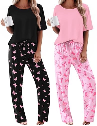 Ekouaer Pjs Sets for Women Casual Short Sleeve Crew Neck Sleepwear Tops with Pants Matching Pajamas Lounge Sets,Medium - Image 1