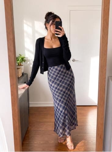 BLENCOT Retro Plaid Maxi Skirts for Women High Waisted A-Line Mesh Long Skirt for Work Business Casual Outfits Blue Small - Thumbnail 4
