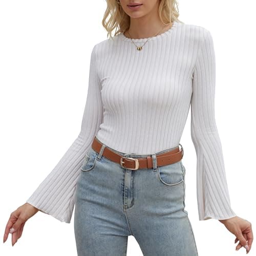 Homepeaz Long Sleeve Tops for Women Bell Sleeve Soft Brushed Thick Ribbed Knit Shirts Pullover Sweater Going Out Tops White - Image 1