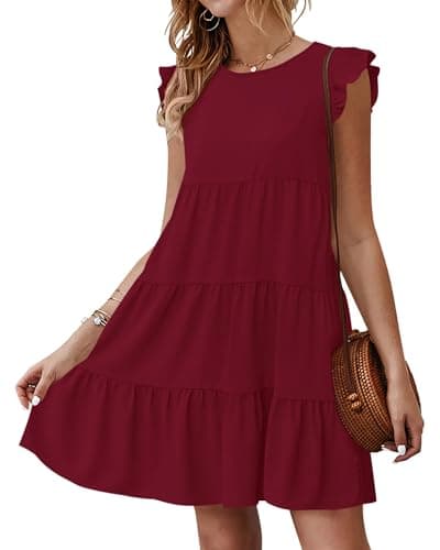 KIRUNDO Wedding Guest Dresses for Women Short Summer Sleeveless Ruffle Sleeve Round Neck Loose Short Flowy Pleated Tiered Mini Dress(Wine Red, X-Large) - Image 1