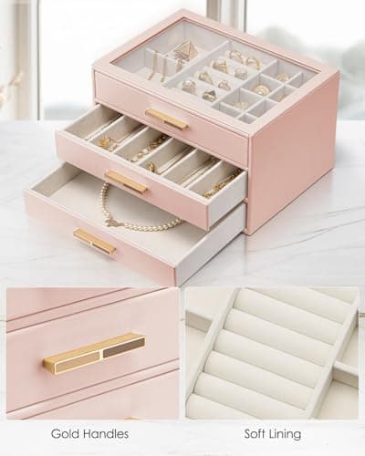 VLANDO Jewelry Box for Women, Glass Lid Jewelry Organizer with 3 Drawers for Necklaces Rings Earrings Bracelets Mother Day Gift for Mom - Dark Pink - Thumbnail 5