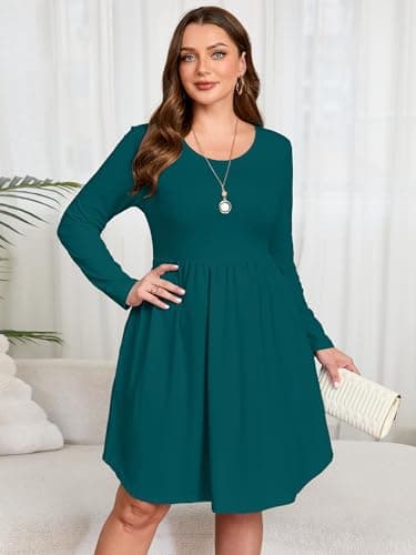 AusLook Women's Plus Size Long Sleeve Midi Dress Crewneck Casual Empire Waist Loose Flowy Dresses A-Line Boho Party 2025 Fall Winter Long Indigo Blue 2X Dress Vacation Outfit with Pockets - Thumbnail 2