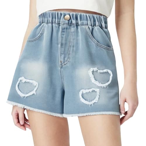 Curipeer Girls Embroidered Heart Printed Denim Shorts High Waistband Jeans Blue 13-14T - Image 1