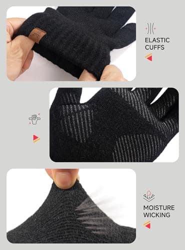 TRENDOUX Winter Wool Gloves for Men: Mens Cold Weather Warm Touch Screen Merino Wool Knit Gloves, Non-slip Thermal Fleece Glove for Outdoor Driving Running Hiking Adult Gift Large Size BLACK - Thumbnail 5