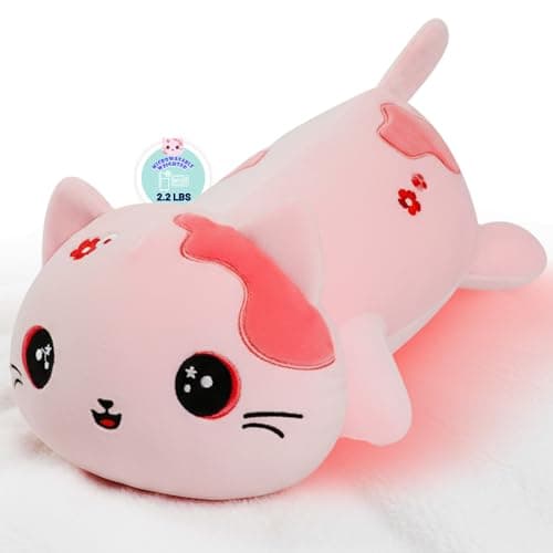 Microwave Weighted Cat Stuffed Animal - 2.2 Pounds Big Pink Cat Plush Machine Washable Unscented Cute Heating Pad Animal Pillow Warm Plushies Toy for Adults Kids Pink Flower Embroidery 15 Inch