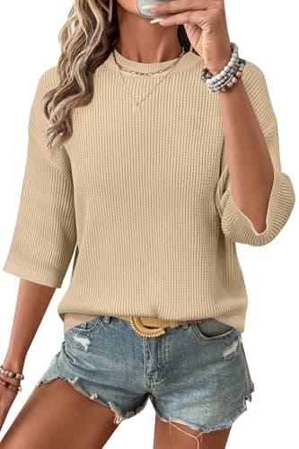 Arach&Cloz 2026 Women's Cotton Spring Summer Crochet Tops Crew Neck 3/4 Half Drop Short Sleeve Hollow Out Oversized Resort Wear Sweater Casual Vacation Outfits Fashion Trendy Shirts Light Khaki S - Image 1
