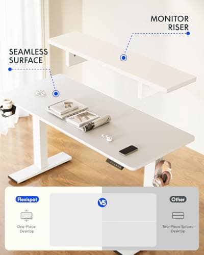 FLEXISPOT Standing Desk with Monitor Stand, 48 x 24 Inches One-Piece Electric Height Adjustable Computer Desk with Cup Holder for Home Office (White Frame+ White Top) - Thumbnail 3