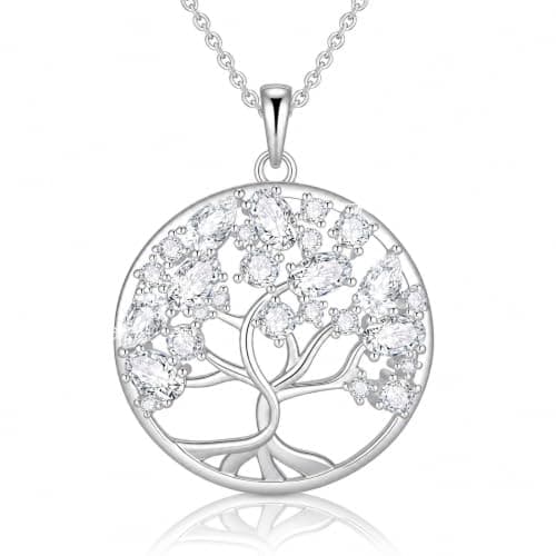 Tree of Life Necklace Jewelry Gifts - Family Tree Necklace Circular Pendant White Zircon Leaves Energy Adjustable Chain Valentines Day Mothers Day Birthday Anniversary for Women Mom Wife Grandma - Image 1