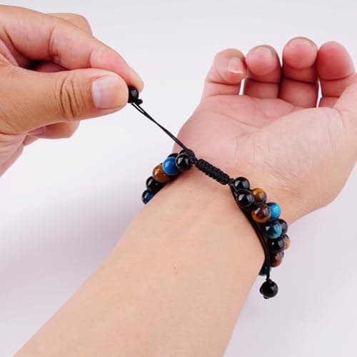 PAKUNDAS Handmade Triple Protection Bracelet,Bracelets for Men Women Natural Tiger Eye Jewelry Stone Hematite and Obsidian 8mm Crystal Bracelet - Adjustable Size with Premium Gift-Box - Thumbnail 6