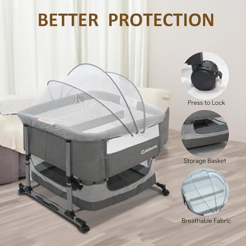 cutebeams Twin Bassinet for 2 Babies, 3 in 1 Bedside Co Sleeper Double Bassinet for Twins, Rocking Bassinet for Baby with Wheels and Storage Basket, Includes Mattress (Grey) - Thumbnail 6