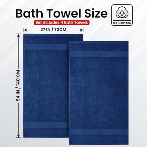 Infinitee Xclusives Luxury 100% Ring-Spun Cotton Bath Towels Set of 4 (27x54 inches) – Soft, Absorbent & Quick-Drying Towels for Bathroom, Gym, Spa & Hotel Use (Tranquil Navy, Bath Towels) - Thumbnail 3