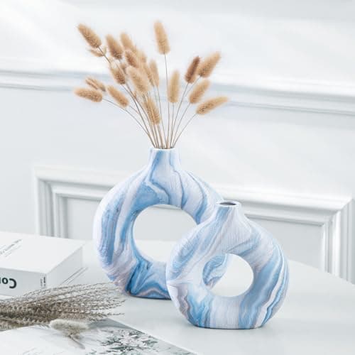 Ceramic Donut Vase Set of 2, Light Blue & White Ring Centerpiece for Pampas Grass, Modern Boho Hugging Snuggle Design, Small Blue Flower Holder for Shelf, Mantel, Wedding Table Decor（8.86"H & 7.09"H） - Thumbnail 4