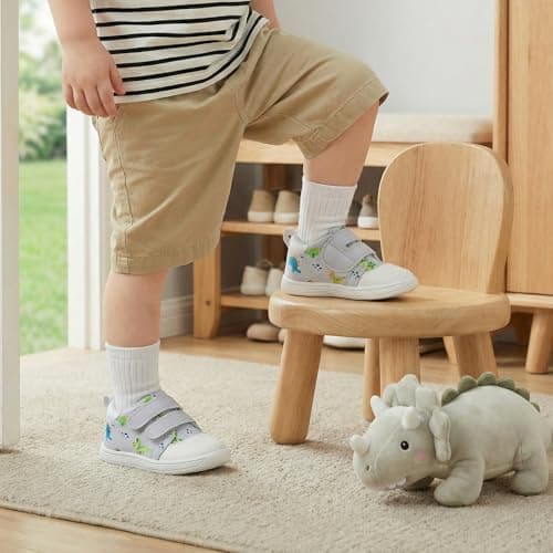STQ KIDS Wide Toe Box Baby Girls Sneaker Toddler Barefoot Walking Shoes Comfort Infant Tennis Shoe Soft First Walker Non-Slip Mid Top Ankle Support Light Grey Dinosaur 9-12 Months Infant Size 4 US - Thumbnail 2
