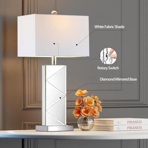 Hamucd 3-Color Temperature Mirrored Bedside Table Lamps Set of 2 for Living Room,Tall Silver Bling Modern Nightstands Lamps for Bedroom with 2 Bulbs,Full Mirror Cutting Design with White Fabric Shade - Thumbnail 6