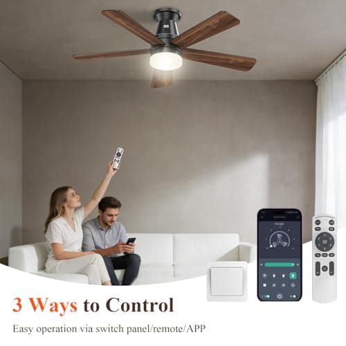 Minthouz Ceiling Fans with Lights, 42 inch Ceiling Fan with Light with APP/Remote Control, 6000K Dimmable LED, Modern Flush Mount Ceiling Fan for Indoor Bedroom Living Room, DC Reversible, Black - Thumbnail 3