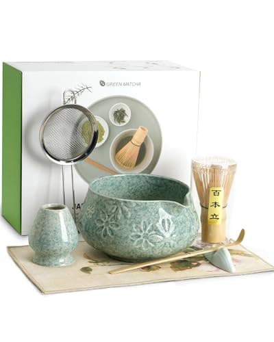 Matcha Whisk Set-7-Piece Ceramic Matcha Kit for Matcha Lovers,Includes 18 oz Matcha Bowl,Bamboo Matcha Whisk & Holder,Bamboo Scoop,Scoop Rest,Sifter,and Tea Towel(Blue) - Image 1