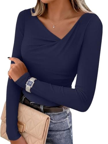 Lepunuo Going Out Tops for Women Long Sleeve Asymmetrical Neck Ribbed Knit Fitted Y2K Fall Trendy Casual Work Blouses A - Navy Blue - Image 1