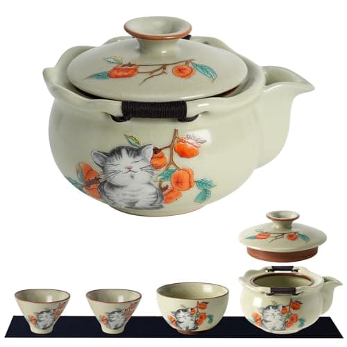 Cute Cat Ceramic Tea Set with Persimmon Pattern,Japanese Style Crackle Glaze Teapot and Teacups Set - Unique Gift for Cat Lovers, Housewarming, Afternoon Tea (1 Teapot, 3 Cups),Ru Kiln Yellow